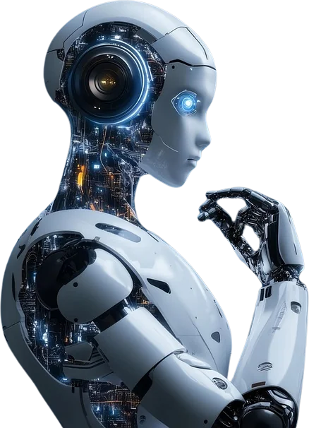 Robô humanóide de perfil, a pensar